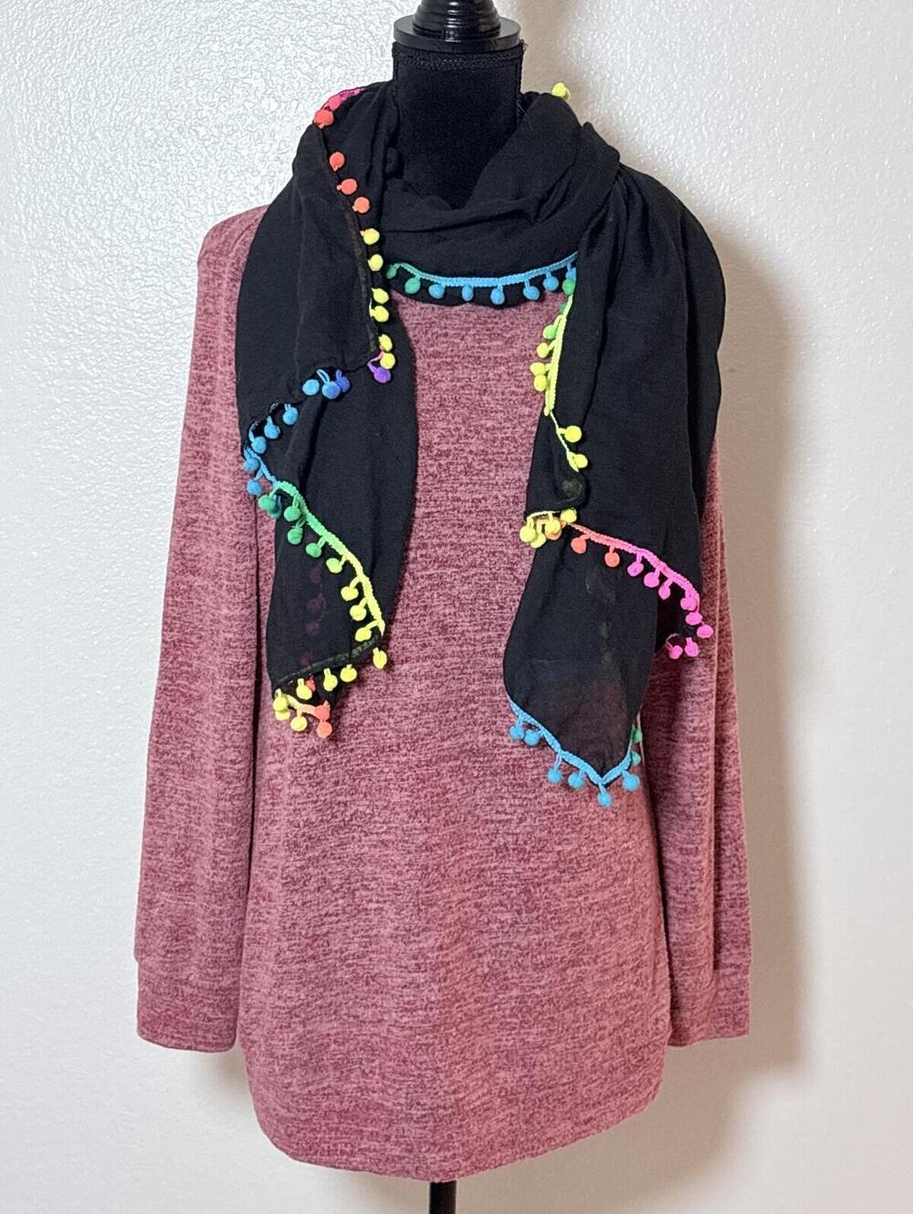 Black Scarf with Rainbow Pom Pom Trim Lightweight Wrap One Size